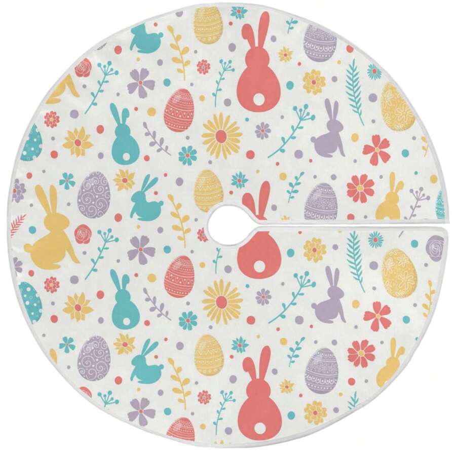 Falda para árbol de Pascua con lindo conejito, huevo de Pascua y estampado floral. Ideal para decorar el hogar durante las fiestas. - Burdeos - Ver 1