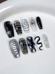 10pcs Y2k Punk Rock Metal Texture 3D Decoration Rivet Handmade Nails Chrome Silver Liquid Acrylic Press On Nails Medium Long Coffin Fake Nails Full Coverage Nail Tips With Jelly Glue And Nail File, DIY Nail Art Supplies Music Festival Party