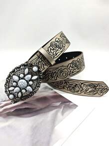 1 件白色女孩宝石装饰风印花时尚 PU 皮革宽腰带，适合牛仔裤和连衣裙可爱百搭的生日礼物 - 駝色 - 查看 3