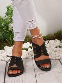 2025 Summer Outdoor Comfy Open Toe Lace Up Flat Sandals, Plus Size