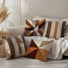 4pcs Coffee Geometric Painting Design Decorative Throw Pillow Covers, Skin-Friendly Peach Velvet Fabric, One-Sided Printed 45*45CM, Suitable For Home, Bedroom, Living Room, Sofa, Gift