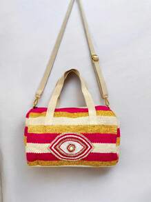 Bolsa feminina estilo Boston retrô, estilo Boho. Bolsa feminina listrada com blocos de cores vintage da moda, com strass personalizado, estampa retrô, bolsa feminina listrada com blocos de cores vintage e lantejoulas, nova bolsa de ombro casual para viagem 2025, bolsa transversal com borlas da moda para mulheres
