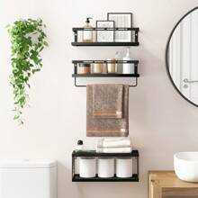 Tomnk 3+1 Tier Wall Mounted Bathroom Shelves Over Toilet, Bathroom Organizer Storage, Room Decor, Floating Shelves, Rustic Wood Floating Shelves With Metal Frame And Towel Bar For Bathroom, Kitchen, Bedroom, Living Room - 彩色 - 查看 5