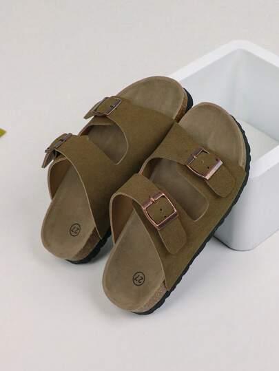 1 Pair Men's Solid Color Soft Cork & PU Anti-Slip Round Toe Casual Beach Slippers, Suitable For Summer
