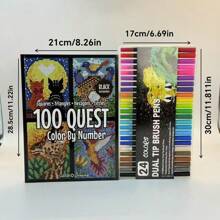 Bộ quà tặng 2 món với 24 bút đánh dấu đầu kép màu, Nhiệm vụ tô màu cho người lớn: 100 câu đố số đầy thử thách trong hình vuông, hình tam giác, hình lục giác và hình tròn | Giấy có kết cấu tiên tiến với hoa văn phong phú, Bộ quà tặng tuyệt vời - Bộ quà tặng 2 chiếc bút 2 đầu 24 màu - Xem 2