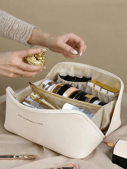 1 st vattentät sminkväska i PU-läder, sminkväska, lätt necessär, vattentät hudvårdsväska i PU, sminkväska med dubbel kapacitet och fack, kosmetisk resväska