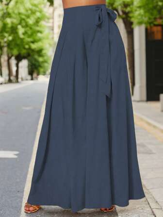 Women's Spring And Summer Fashion, Leisure And Elegant Slub Fabric, High Waist Wide-Leg Pants, Elastic Rubber Band Side Strap Pants At The Back Waist.