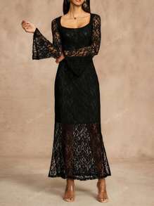 Vestito elegante da donna a maniche lunghe, a fantasia di pizzo, a tinta unita, aderente