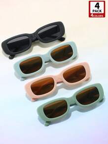4 副复古方形 PC 镜框太阳镜，男女通用和儿童户外/旅行时尚配饰 - 4pcs - 查看 2