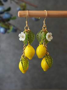 2 Pcs Original Summer Style Sweet Resin Yellow Green Lemons Flowers Dangle Earrings For Women Daily Wear