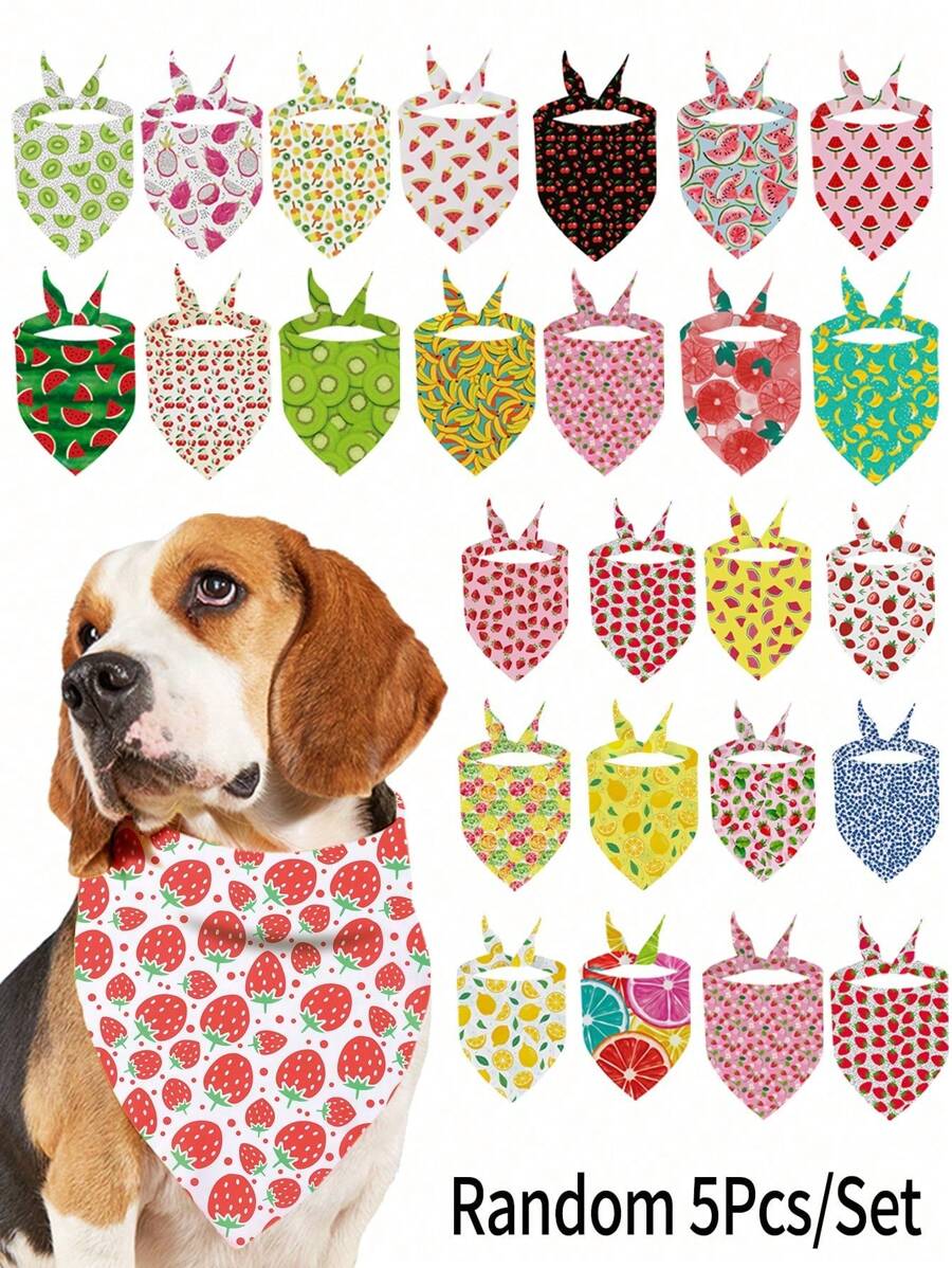 Set aleatorio de 5 piezas de pañuelos triangulares ajustables con diseños de frutas de Hawái de primavera y girasoles de verano para perros pequeños, medianos y grandes, y gatos - Multicolor - Ver 1