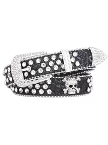 Punk Hip Hop Skull Glitter Studded Belt, Crystal And Rivet Embellished Leather Strap - Black - View 4