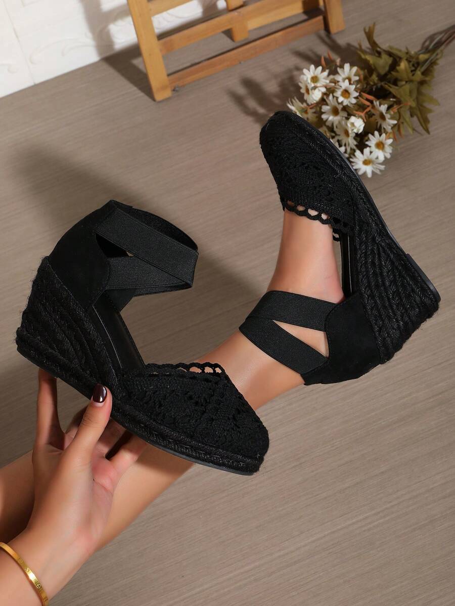 Breathable Criss-Cross Elastic Band Lightweight Fashionable Rope Wedge Sandals For Women - All Black - View 1