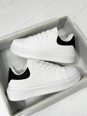 (Size Runs Small) Men's High-Top Cushioned Low-Top Sneakers, Black & White Color Block Simple Style Patchwork, Comfortable Lightweight Casual Everyday, Outdoor, Commute, Couple Leisure Sports Shoes