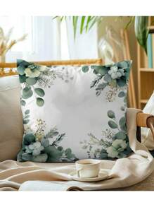 Set de 4 fundas de cojín y funda de almohada de felpa corta de poliéster con estampado floral verde fresco