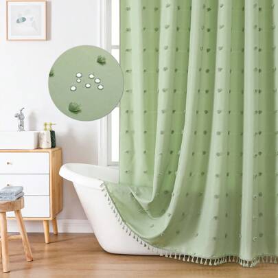 1 Pc Olive Green Flocked Puff Ball Design Shower Curtain, Minimalist 3D Cut-Out Waterproof Polyester Bathroom Curtain Home Bathroom Decor Fall Decor Bathroom Accessories Back To School