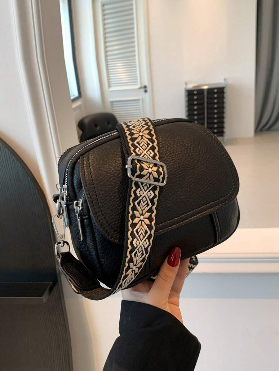 迷你时尚简约 PU 拉链便携式女士单肩包，休闲斜挎包，配有可调节肩带，适合购物、工作、礼物、户外 - 黑色 - 查看 1