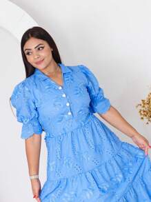 Women's Fashion Midi Dress In 3D Laise Fabric With Elastex On The Back And Button On The Front And Lining - 藍色 - 查看 4