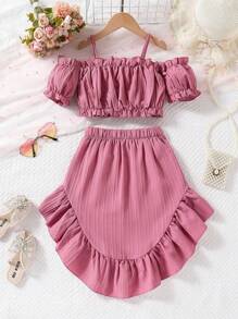 2 件套年轻女孩度假荷叶边泡泡袖上衣 + 高腰荷叶边下摆裙，甜美迷人，适合度假、旅行、海滩派对，适合 4-7 岁，春夏