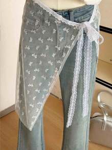 1pc Women Slip Underskirt, Detachable Waist Tie Net Mesh Skirt Swimwear Cover Up With Ditsy Floral Embroidery Lace Trim