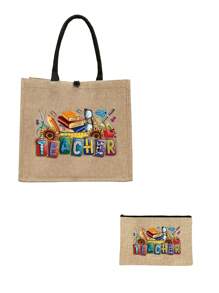 Bolso de mano de lino con estampado de patrones temáticos de maestros, bolso grande con bolso pequeño, con diseños de colores contrastantes que presentan patrones de útiles escolares, libros y artículos de papelería