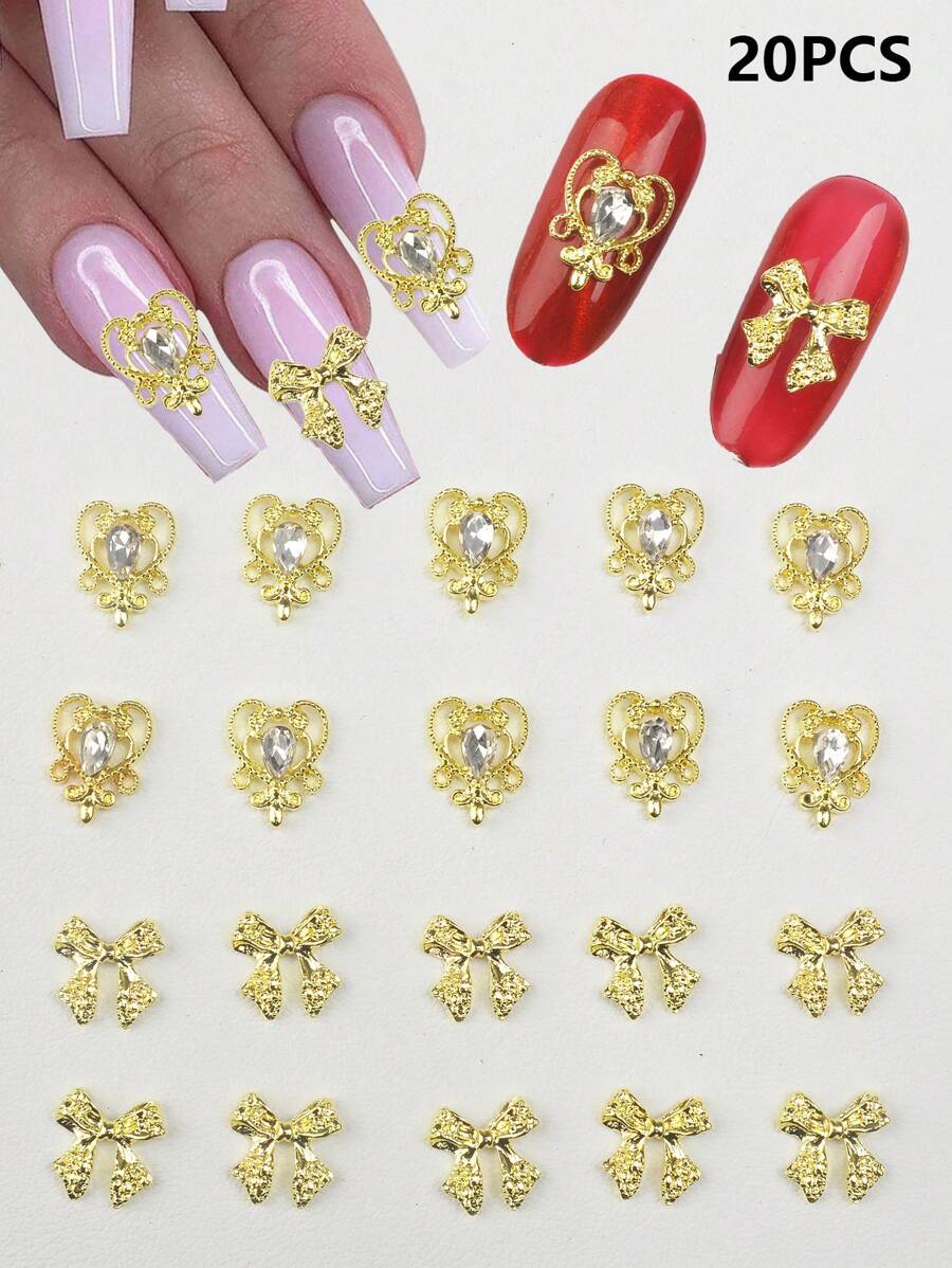 20pcs Luxury Japanese Elegant Heart Shape Decorations, Mixed With 3D Precise Craft, Ribbons, Bowties - Nail Art Decorations
