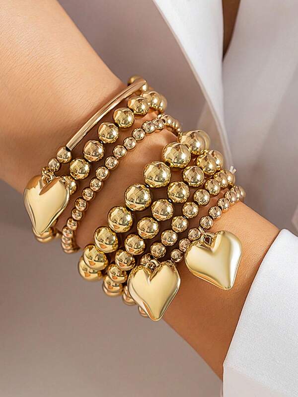 Set de 7 pulseras de cuentas simples para mujer, accesorios casuales neutros para vacaciones, citas y uso diario
