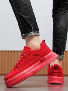 男士街头休闲低帮 PU 皮革拼接复古运动鞋，适合日常穿着的舒适轻便运动鞋，青少年纯色系带滑板鞋，防滑平底情侣运动鞋 - 紅色 - 查看 8