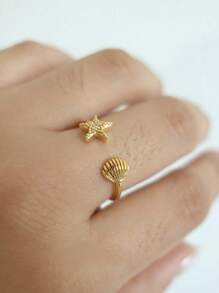 1Pc Marine Life Starfish Shell Ring With Zirconia, Dainty Ocean Sea Shell Open Adjustable Finger Ring, Ladies Jewelry Fashion Accessories
