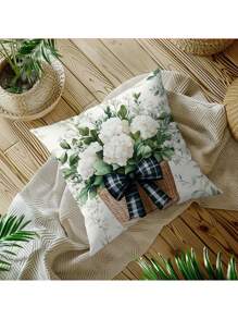 Set de 4 fundas de cojín y funda de almohada de felpa corta de poliéster con estampado floral verde fresco