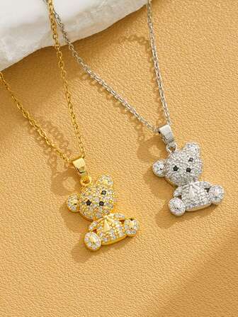 1 件青少年女孩精致可爱方晶锆石装饰熊吊坠不锈钢项链适合儿童时尚派对宴会节日街头珠宝适合日常佩戴适合孩子生日礼物返校