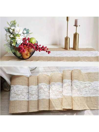 Caminho de mesa de juta de 278*28 cm, toalha de mesa de juta, suprimentos para casamento, decoração de mesa, caminho de mesa de tecido de juta grossa de Natal, caminho de mesa retrô, toalha de mesa de decoração de casamento, toalha de mesa de casamento, dia de juta para bebês, rolo de tecido de juta grossa natural rústico com renda vazada no meio, adequado para festa de casamento, bufê, chá de bebê, decoração de casa, caminho de mesa de juta com renda