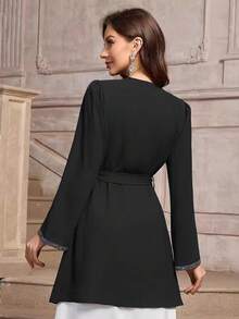 Elegant Turkish Kaftan Blouse With Rhinestone Decor, Long Sleeve With Belt - Black - View 2