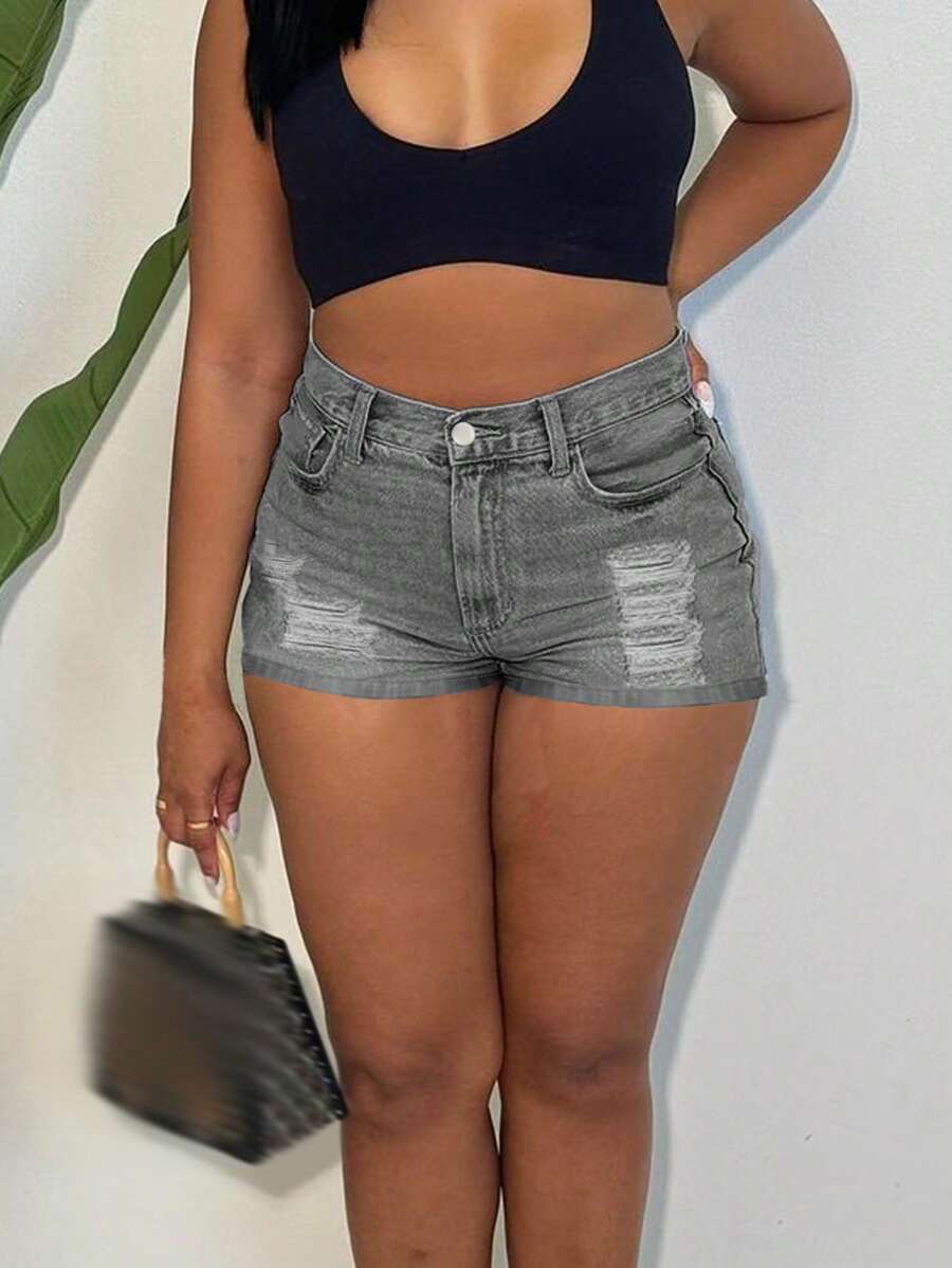 Women's Simple & Slimming Ripped Denim Shorts - Light Grey - View 1