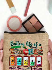 Bolsa de maquillaje con estampado de "Maestro" como regalo de aprecio al maestro, monedero de lino caqui, bolsa de cosméticos con forro y sin cierre - perfecto para educadores y personal escolar, regalo de agradecimiento al maestro, accesorios casuales y elegantes para salidas, vacaciones, viajes diarios, bolsa de cosméticos, regalo de cumpleaños para mamá, amiga