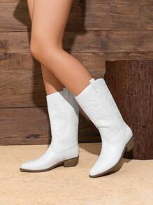 BURUDANI Women's Classic Western Cowboy Boots Slip-On Pointed Toe Embroidery Matching Dress Music Festival Party Farm Mid-Calf White Boots - 白色 - 查看 5