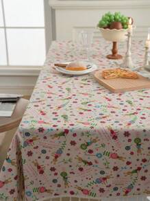 Bubaba 1pc Multi-Color Cartoon Flower Rectangular Tablecloth, Rustic Farmhouse Style Linen Print With Beige Tassel Decor, Suitable For Dining Room Round Table, Kitchen, Party, Holiday Celebration, Hotel, Cafe, Bedroom, All Seasons