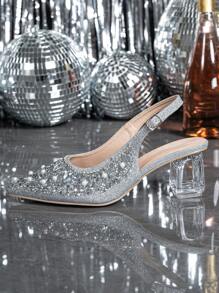 Women's Pointed Toe Crystal Heel Mary Jane Hollow Out Series Silver High Heel Shoes, Suitable For Going Out, Parties, Weddings And Other Events