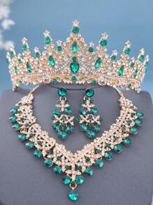 一套经典绿色水晶新娘皇冠、项链和耳环首饰套装，优雅金色新娘配饰，适合搭配婚纱和情人节饰品