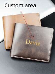 [Personalizado] Cartera vintage de piel sintética personalizada con nombre para hombre, estilo bifold con doble ranura para tarjetas, de unicolor con forro de poliéster - Multicolor - Ver 1