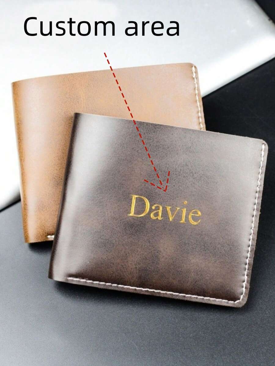 [Personalizado] Cartera vintage de piel sintética personalizada con nombre para hombre, estilo bifold con doble ranura para tarjetas, de unicolor con forro de poliéster - Multicolor - Ver 1