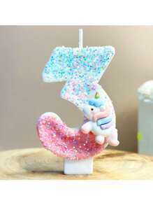 1 bunter Einhorn Kerze, blaue rosa digitale Kerze mit Pailletten, digitale 0-9 Geburtstagkerzen, geeignet für Geburtstagskuchen Dekoration, geeignet für Einhorn Themen Kuchendekorationskerzen, reine handgemachte DIY Kuchendekoration, die Position der kleinen Pailletten ist leicht unterschiedlich