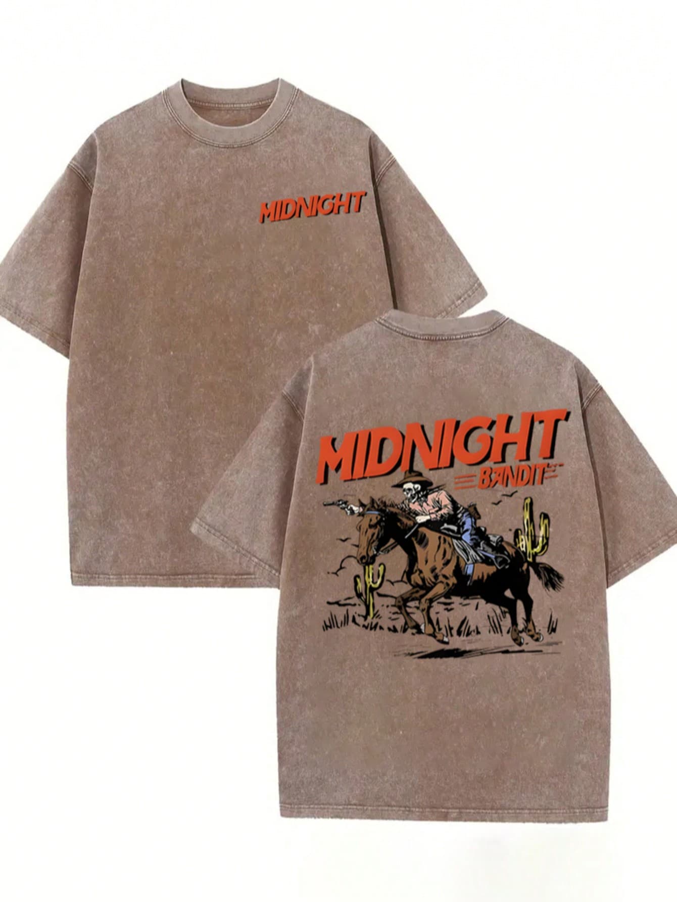 Midnight Bandit, Classic Retro Fashion Western Cowboy Skull Popular Letter Pattern Printed Boutique 230g Washed Cotton T-Shirt, Men's Summer High-Quality Printed Cotton Retro Fashion Retro Brand Loose, Soft And Comfortable Casual Multi-Color T-Shirt, Suitable For Outdoor Wear In Summer, With A Certain Thickness, Daily Wear And Friend Gifts, Back To School Gifts - 咖啡棕 - 查看 1