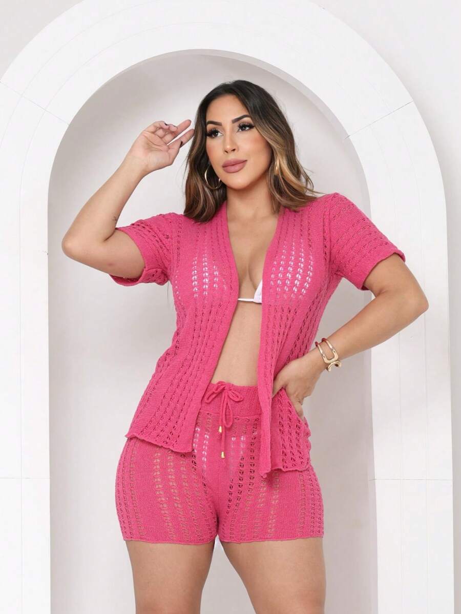 Women's Fashion Knitted Beach Cover-Up Set - Hot Pink - View 1
