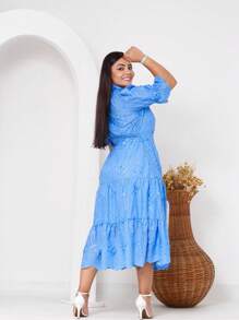 Women's Fashion Midi Dress In 3D Laise Fabric With Elastex On The Back And Button On The Front And Lining - 藍色 - 查看 2