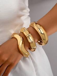 3 件/1 套简约几何波浪竹节形不对称金属手镯套装，适合女性，厚哑光金属和锌合金材质 - 明亮 - 查看 13