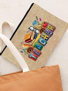 Bolso de mano de lino con estampado de patrones temáticos de maestros, bolso grande con bolso pequeño, con diseños de colores contrastantes que presentan patrones de útiles escolares, libros y artículos de papelería