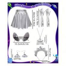 外星人服装配饰套装 - 科幻主题派对套装，含头带、金属褶裙、UFO 吊坠项链和耳环、眼镜、银色长手套 - 塑料，无羽毛，是派对和节日舞会万圣节的理想礼物 - 彩色 - 查看 6