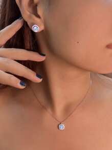 1 套奢华华丽蓝色方晶锆石花形吊坠项链和耳环首饰套装，适合女士