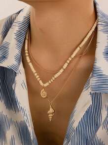 3 件套男士夏季椰壳和贝壳串珠项链，时尚百搭金属扁平蛇链项链，适合休闲、派对和礼物 - 混色 - 查看 2